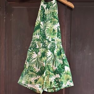 Green Leaf Print Halter Romper